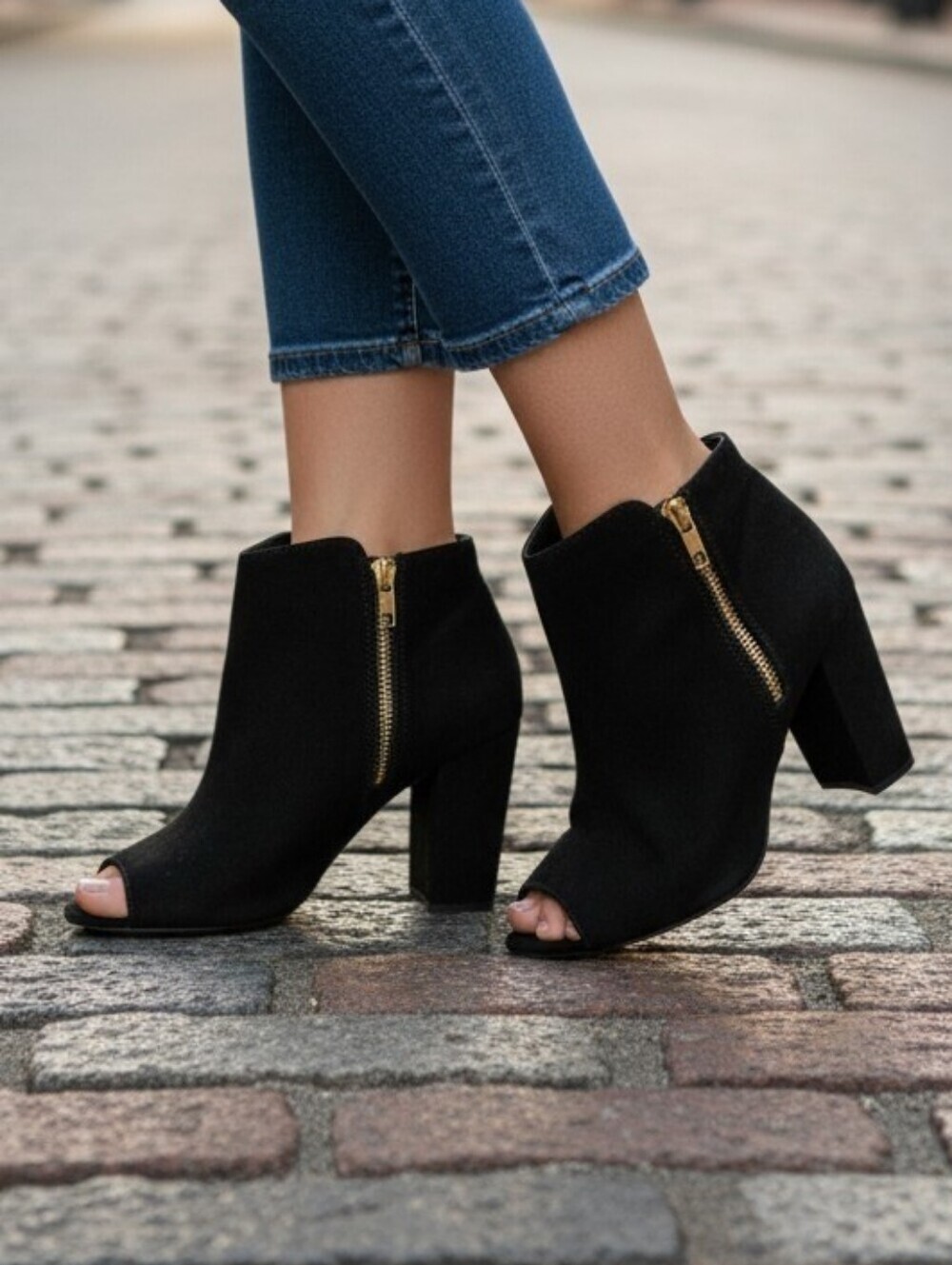 Black Peep-Toe Block Heel Ankle Boots - Women's Fashion